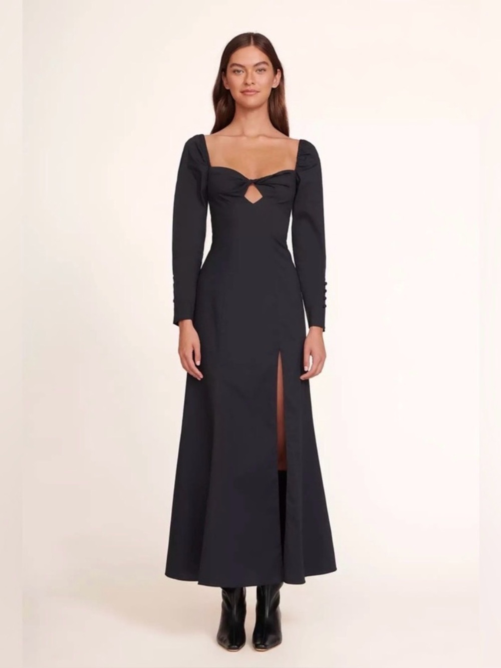 NWT STAUD Womens Josephine Black Poplin Cut Out Maxi Long sleeve Dress size 4